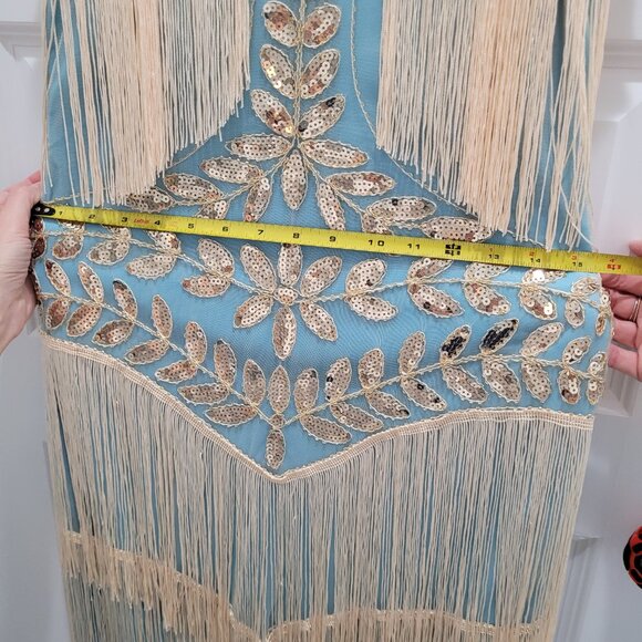 Stunning Roaring 1920s Dress. Sequins and Fringe. Turquoise, Gold, and Ivory. S. - Picture 11 of 16